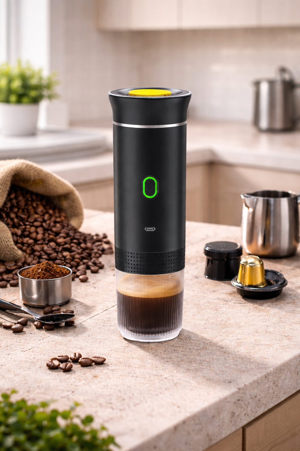 Espressor Portabil 3 în 1 – Cafea Măcinată, Capsule Nespresso & Dolce Gusto| Încălzire Apă |USB Type-C