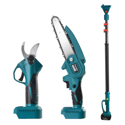 Set Profesional Foarfecă Electrică + Mini Drujbă 6” pentru Grădinărit – 48V, Braț Telescopic 2,13 m, 2 Acumulatori