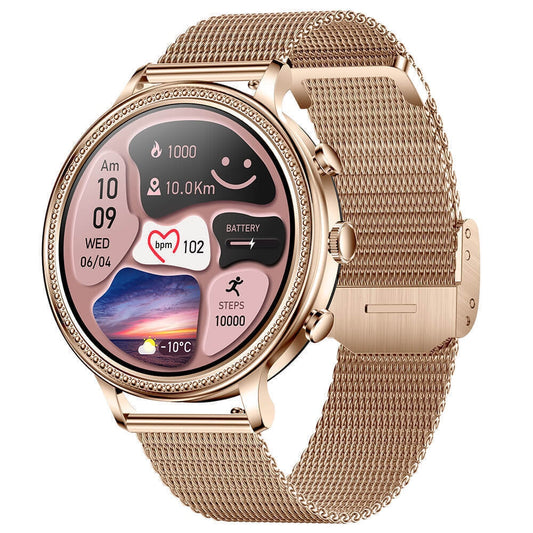 Smartwatch Femei Sunshine Gold 2 Curele Metal+Silicon 1.39 Inch+ CADOU Set 4 Lavete Bambus