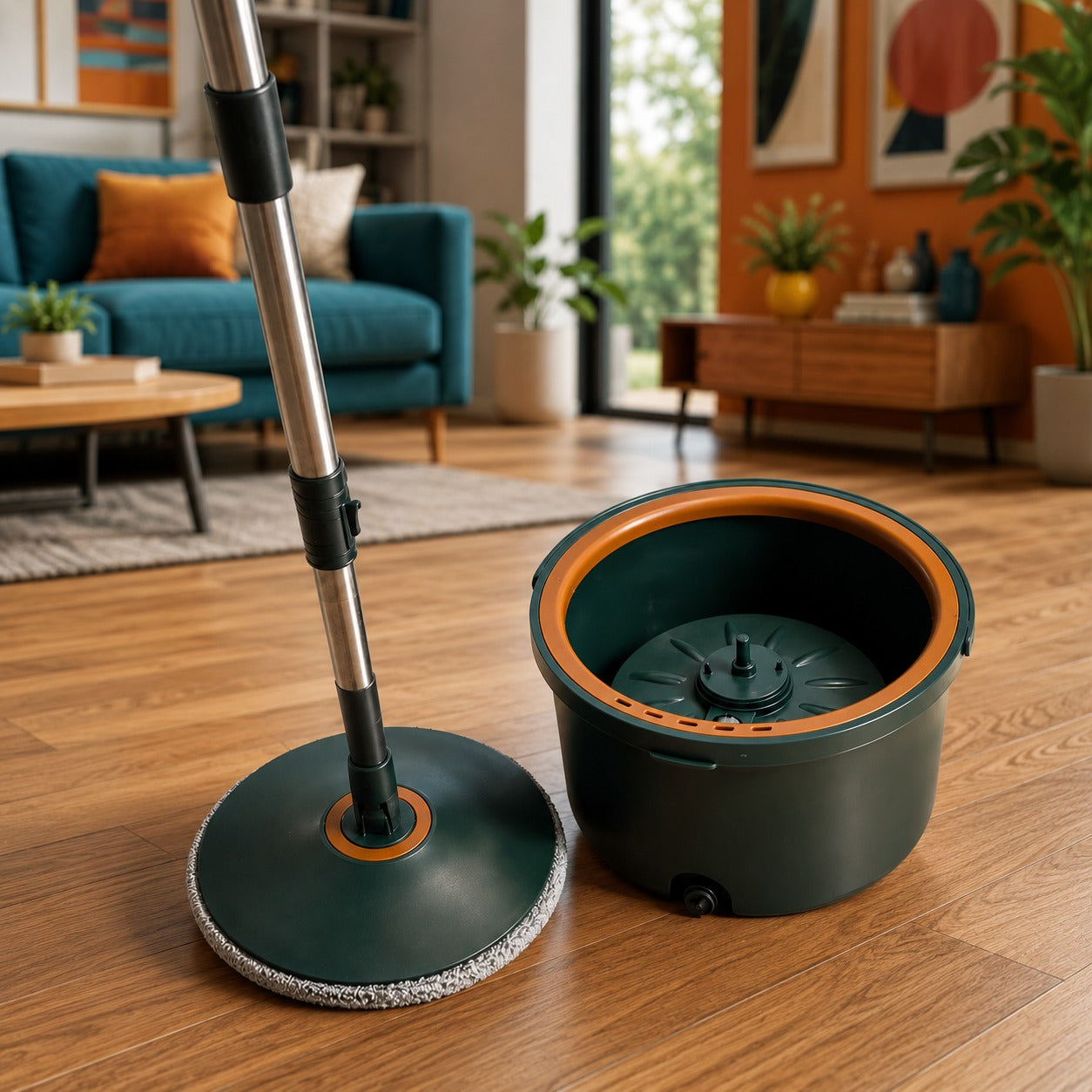 Mop Rotativ Deluxe – Găleată, 4 Lavete, Separare Apă Curată/Murdară, Tijă Inox