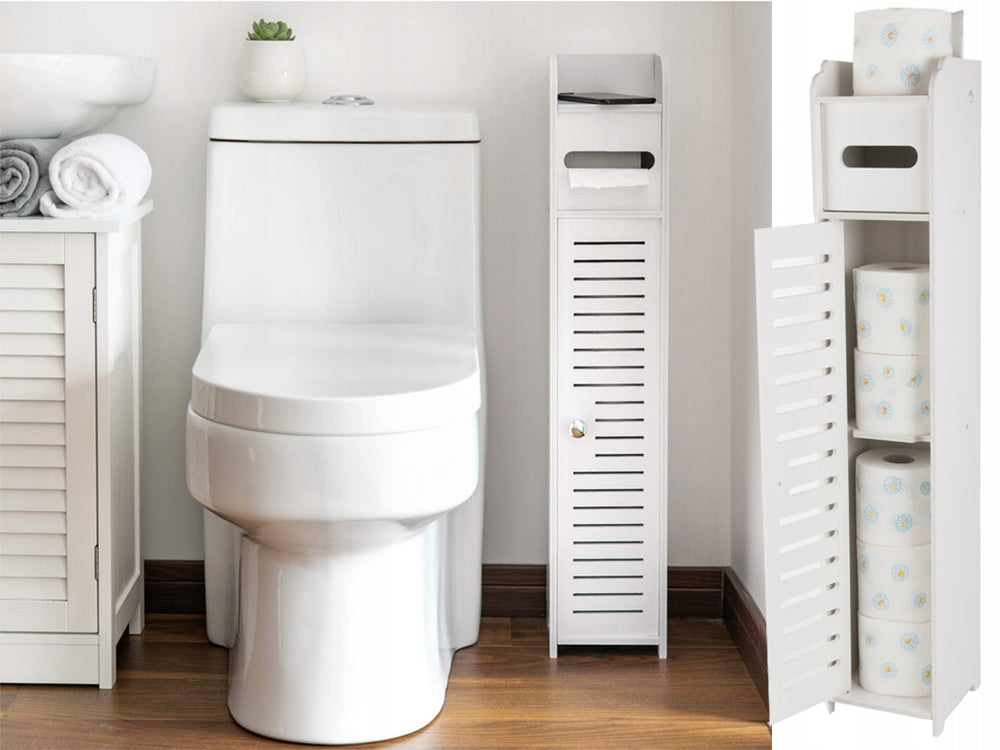 Dulap Îngust de Baie 3-în-1 – Suport Hartie Igienică, Rafturi și Depozitare Ascunsă, Alb Premium