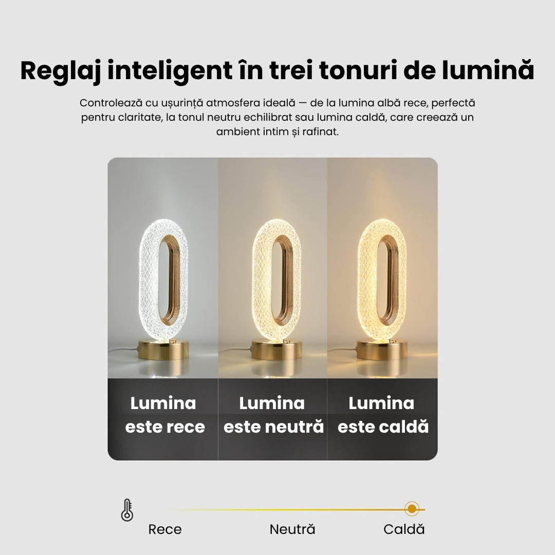 Lampă LED Cristal, Lumina Ambientală 3 Culori, Control Touch, Reîncărcabilă USB, Portabilă, Auriu