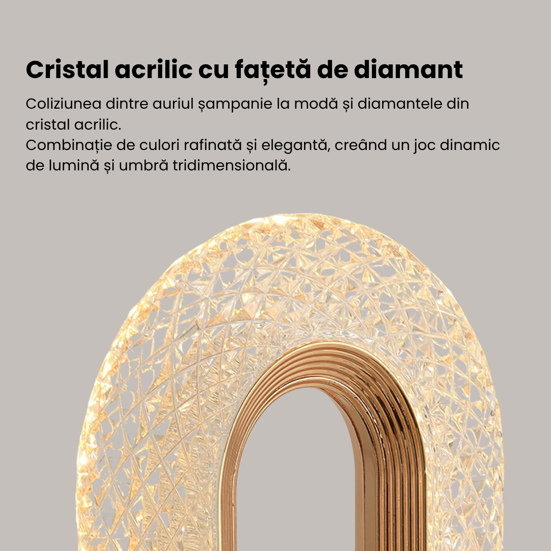 Lampă LED Cristal, Lumina Ambientală 3 Culori, Control Touch, Reîncărcabilă USB, Portabilă, Auriu