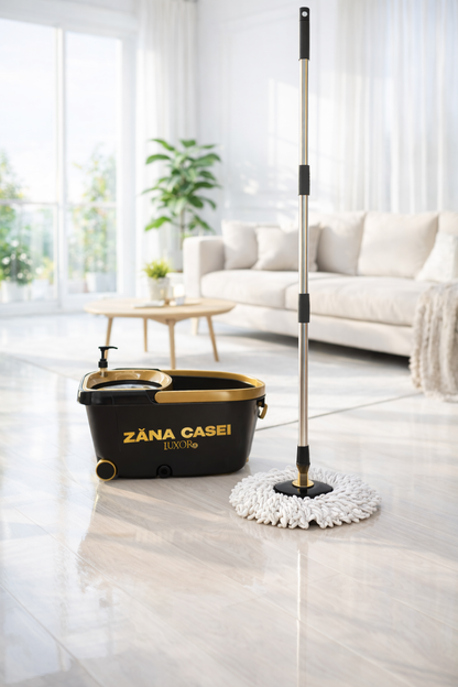 Mop Rotativ Zâna Casei® Luxor – Set Premium cu 4 Rezerve, Cuva din Inox