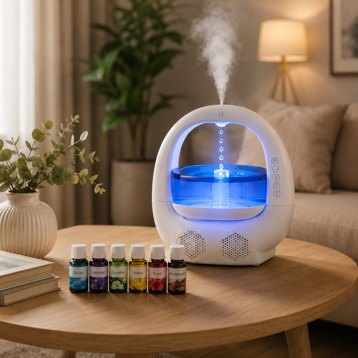 Umidificator 4-în-1 cu Picătură Anti-Gravitație, LED Ambiental & Boxă Bluetooth + CADOU 6 Esențe Parfumate