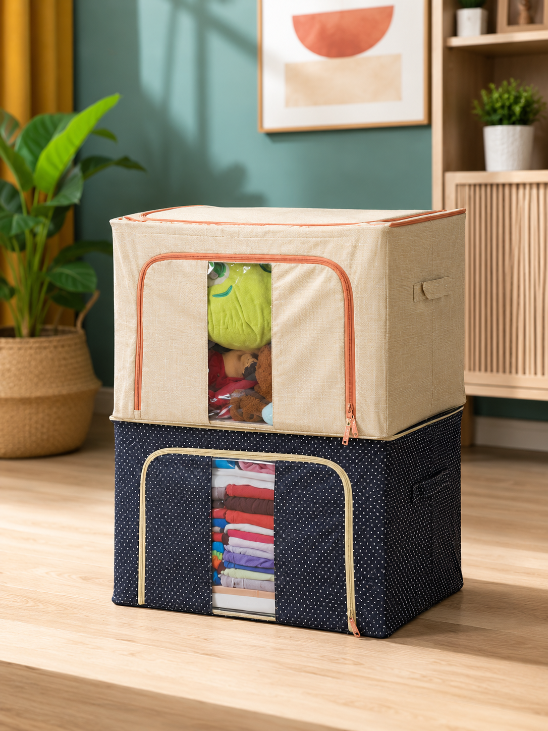 1+1 Cutie de Depozitare Pliabilă Crem, 66L– Textil Premium, Fereastră, Fermoar Dublu, Cadru Metalic, 50x40x33 cm