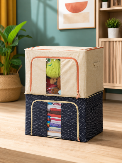 1+1 Cutie de Depozitare Pliabilă Crem, 66L– Textil Premium, Fereastră, Fermoar Dublu, Cadru Metalic, 50x40x33 cm
