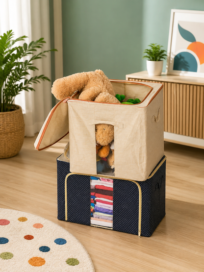 1+1 Cutie de Depozitare Pliabilă Crem, 66L– Textil Premium, Fereastră, Fermoar Dublu, Cadru Metalic, 50x40x33 cm