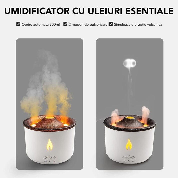 Umidificator cu Aromaterapie – Efect Vulcan & Flacără, LED Inteligent, Rezervor 300 ml