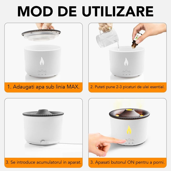 Umidificator cu Aromaterapie – Efect Vulcan & Flacără, LED Inteligent, Rezervor 300 ml