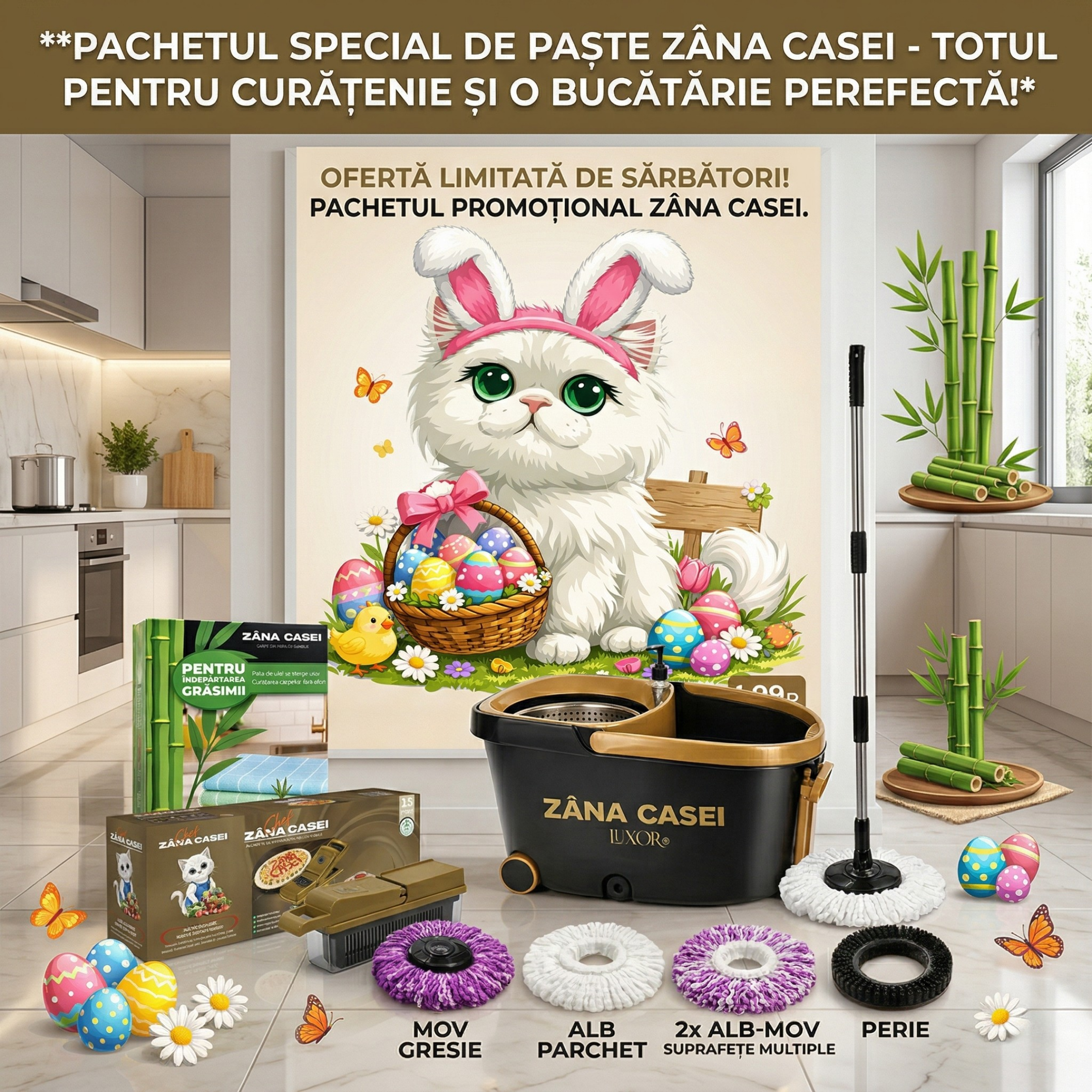 Pachet Promoțional de Paști Zâna Casei® – Mop Luxor + Cârpe Bambus + Răzătoare 15 în 1, Set Complet pentru Casă și Bucătărie ZanaCasei.Ro