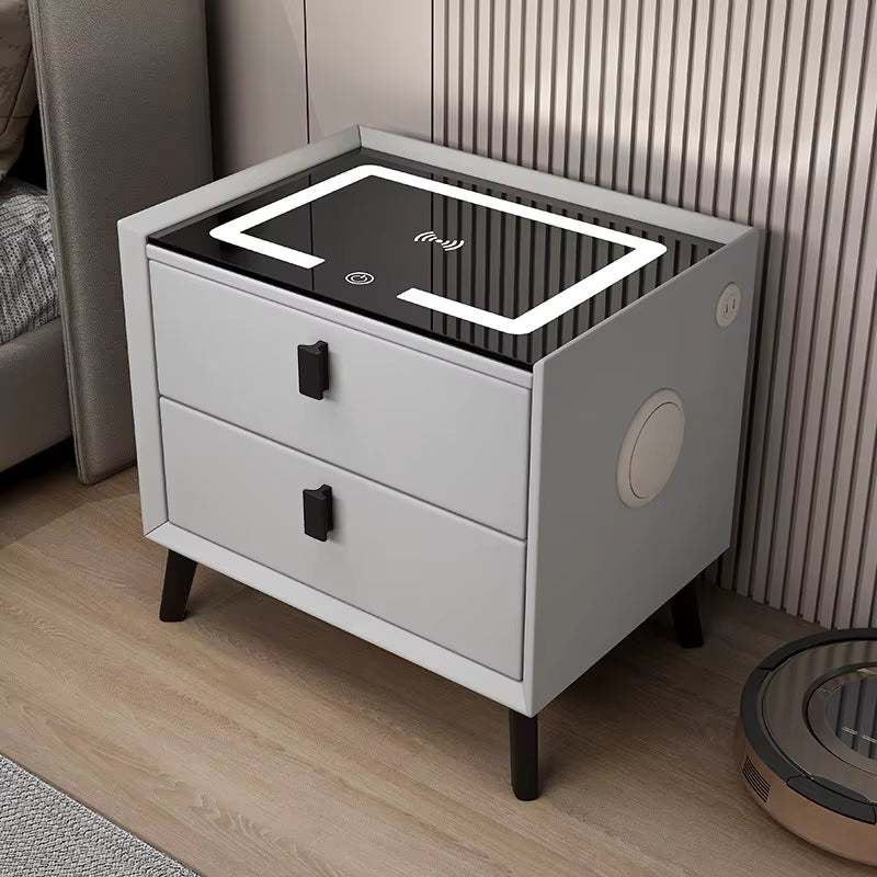 Noptieră Smart cu 2 Sertare – Încărcare Wireless, LED Ambient, Boxă Bluetooth, USB & Type-C ZanaCasei.Ro