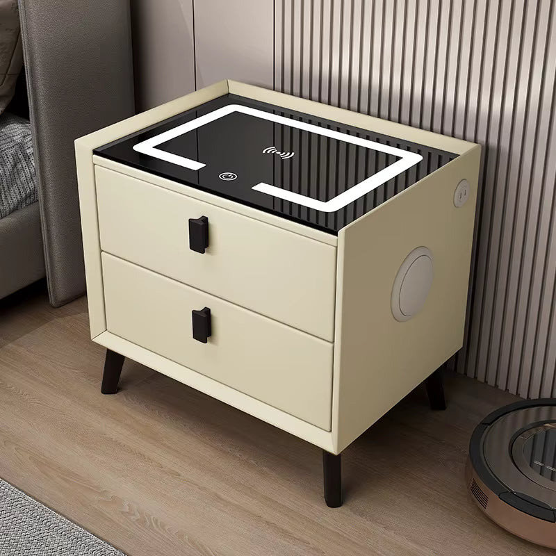 Noptieră Smart cu 2 Sertare – Încărcare Wireless, LED Ambient, Boxă Bluetooth, USB & Type-C ZanaCasei.Ro