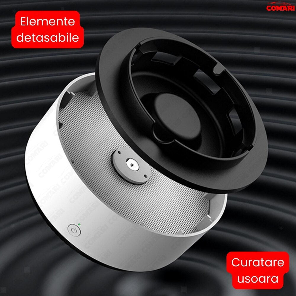 Scrumiera electrica cu aspiratie directa, rasina epoxidica anti-topire, purificator de aer cu ioni negativi, odorizant pentru eliminarea mirosului, fumului, pentru casa, birou, masina, functioneaza cu baterii, cu oprire automata, alba