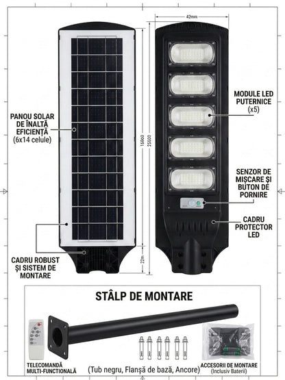 Lampă Stradală Solară LED 800W, 5 Module, Senzor Mișcare și 2 Telecomenzi, Rezistenta la Ploaie, Baterie Li-ion ZanaCasei.Ro