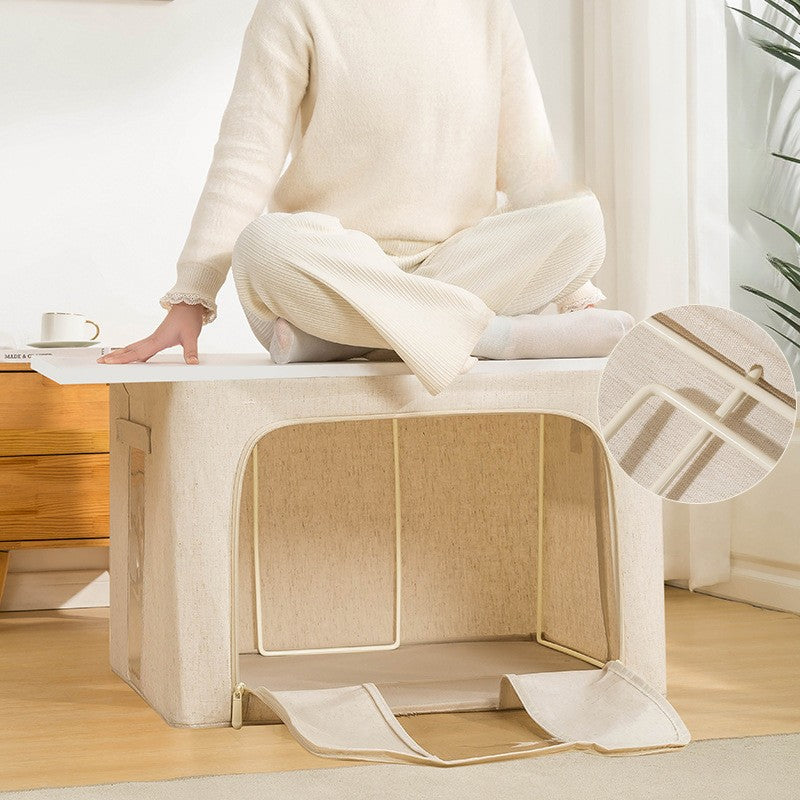 Cutie de Depozitare Pliabilă Crem, 66L – Textil Premium, Fereastră, Fermoar Dublu, Cadru Metalic, 50x40x33 cm