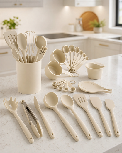 Set Ustensile Bucătărie 21 Piese din Silicon – Roz, Antiaderent, Design Modern