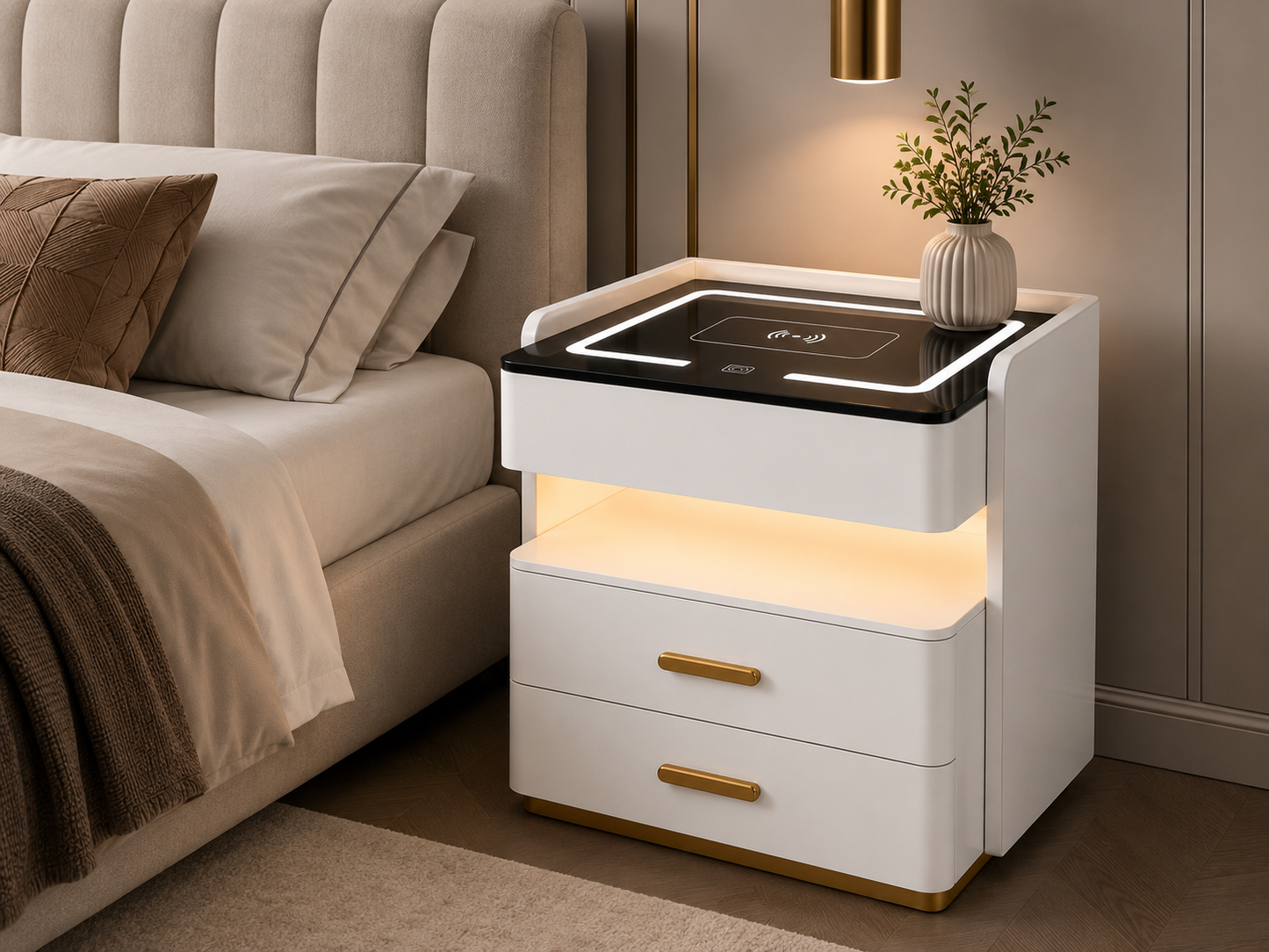Noptieră modernă albă cu lumină ambientală LED, încărcare wireless și sertare cu mânere aurii ZanaCasei.Ro