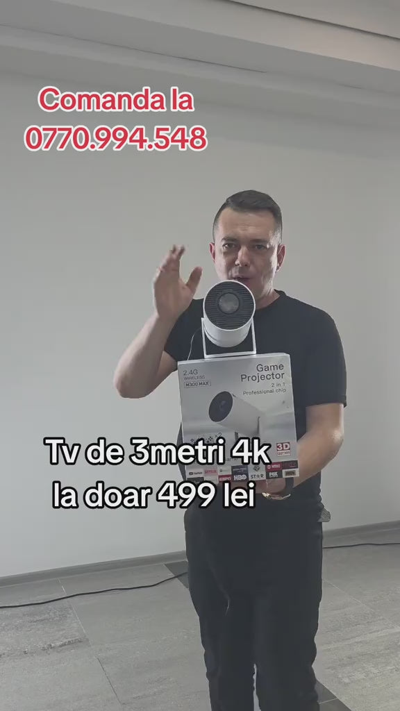 Videoproiector portabil inteligent cu 2 controllere și jocuri incluse, Android 11, suport 4K, Wi-Fi 6, Alb