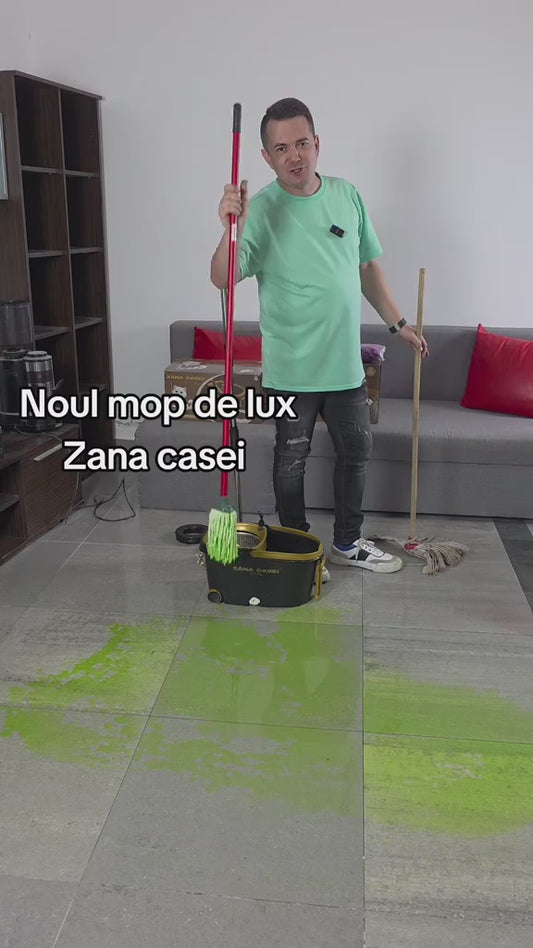 Mop Luxor Zâna Casei® – Set Premium 4 Rezerve, Cuvă Inox, Coadă 146cm + CADOU Set 4 Lavete Bambus