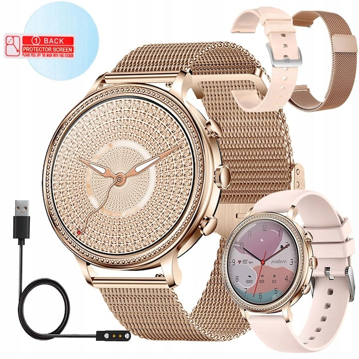 Ceas Smartwatch Dama, Curea Metalica și Silicon Sunshine Gold