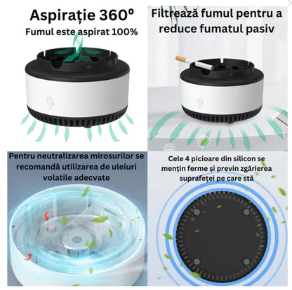 Scrumiera electrica cu aspiratie directa, rasina epoxidica anti-topire, purificator de aer cu ioni negativi, odorizant pentru eliminarea mirosului, fumului, pentru casa, birou, masina, functioneaza cu baterii, cu oprire automata, alba